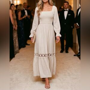 ZESICA Boho Long Sleeve Square Neck Flowy A Line LaceTrim Maxi Dress Sz S New #5